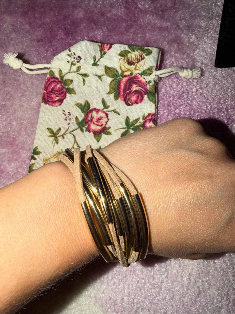 Gold and Tan Suede Multi-Row Wrap Bracelet with a Dust Bag